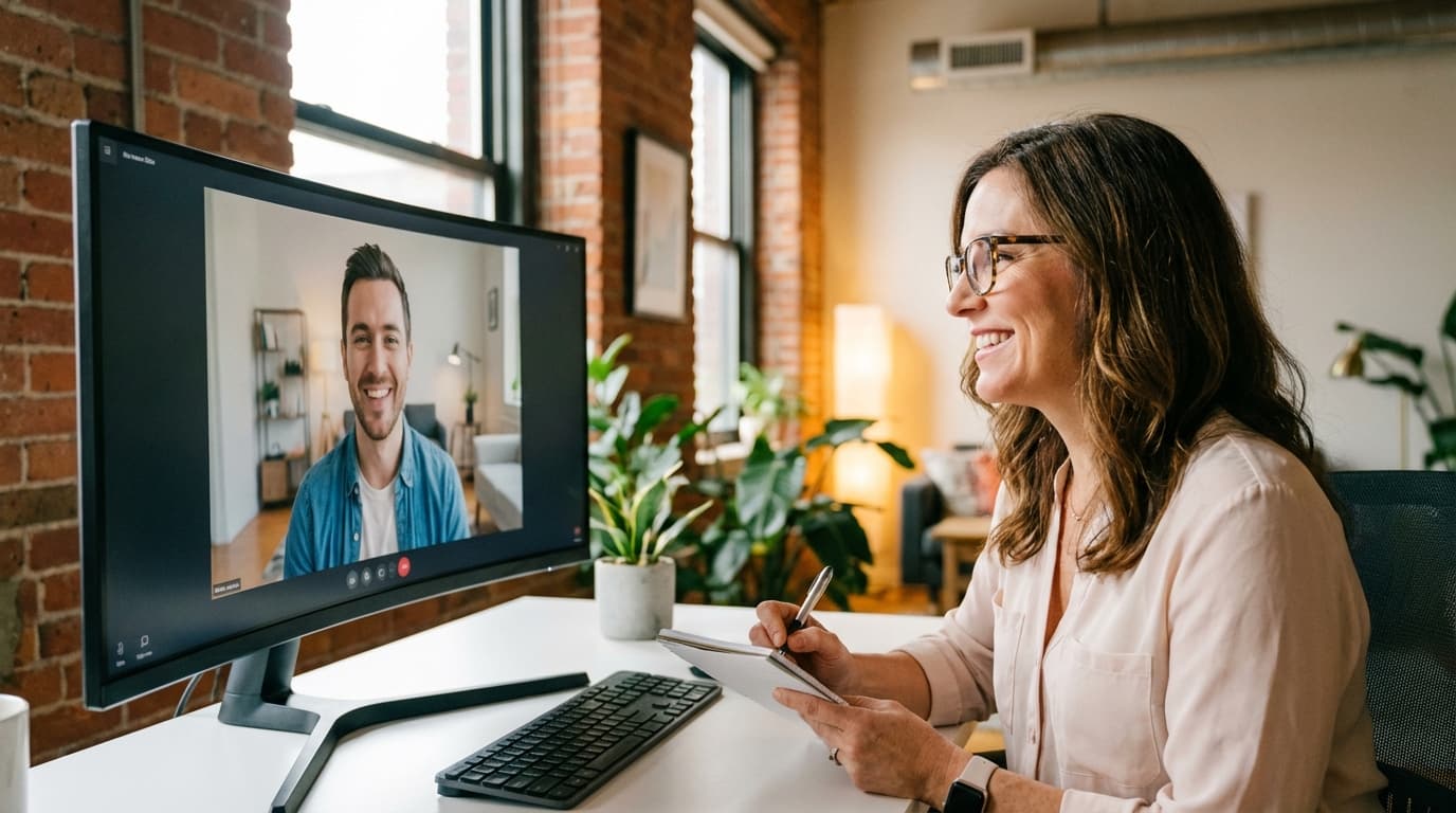 Recruiter conducting a live video interview with a candidate on screen