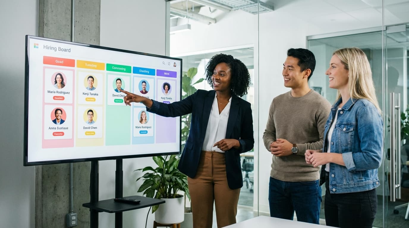 Hiring team reviewing a candidate pipeline on a large screen