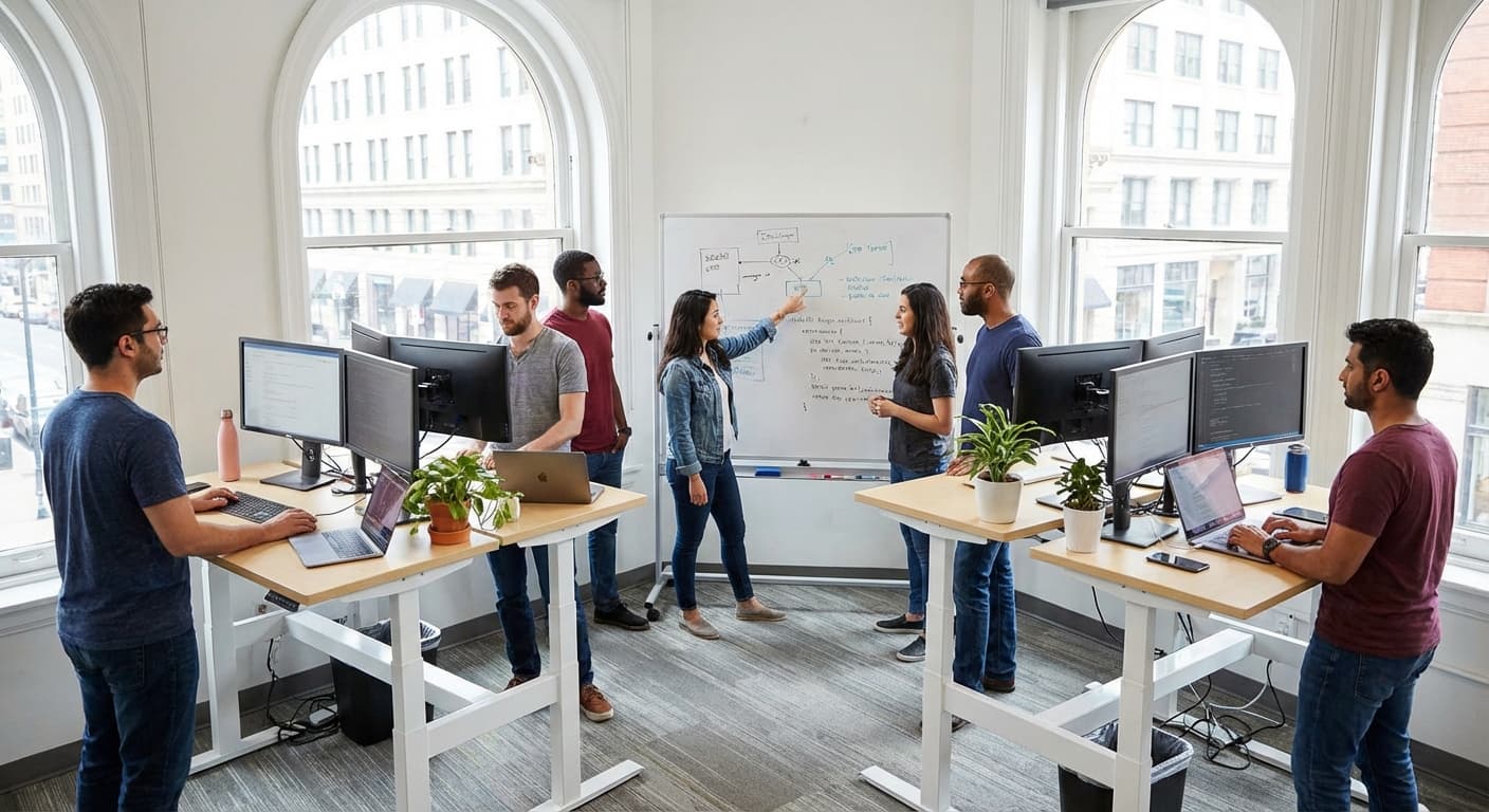 Tech company team reviewing structured video interviews for engineering candidates